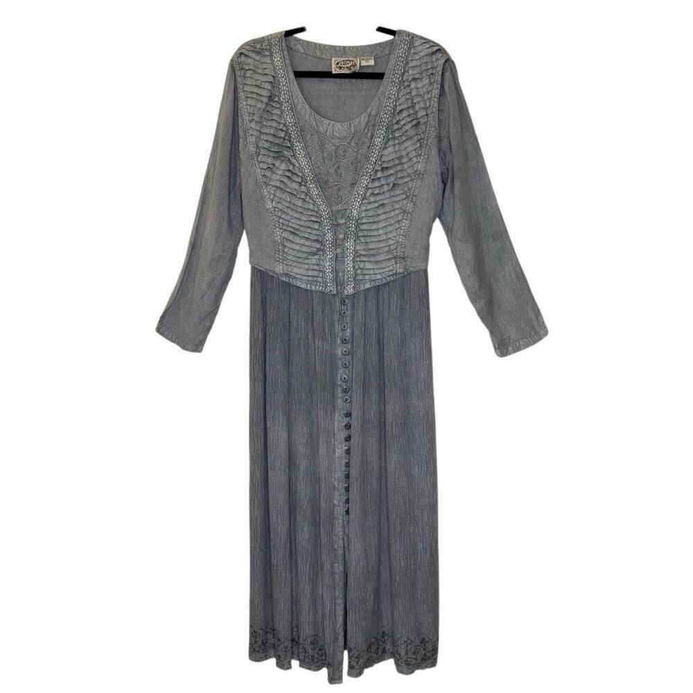 Vintage 24 Karat Gray Acid Wash Long Slv Embroidered Maxi Dress Sz S